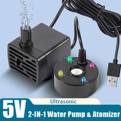 2-IN-1 USB 5V Water Pump Ultrasonic Atomizer Mist Maker Fogger for Pond Garden Rockery Fountain Fish Tank Landscaping Humidifier