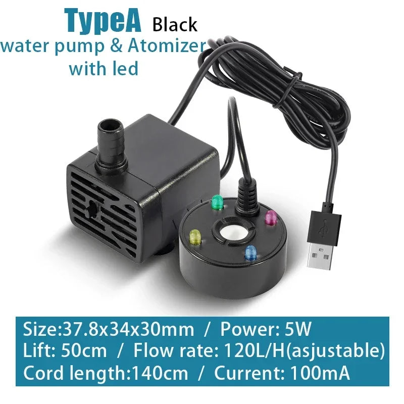 2-IN-1 USB 5V Water Pump Ultrasonic Atomizer Mist Maker Fogger for Pond Garden Rockery Fountain Fish Tank Landscaping Humidifier