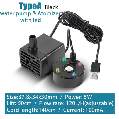 2-IN-1 USB 5V Water Pump Ultrasonic Atomizer Mist Maker Fogger for Pond Garden Rockery Fountain Fish Tank Landscaping Humidifier