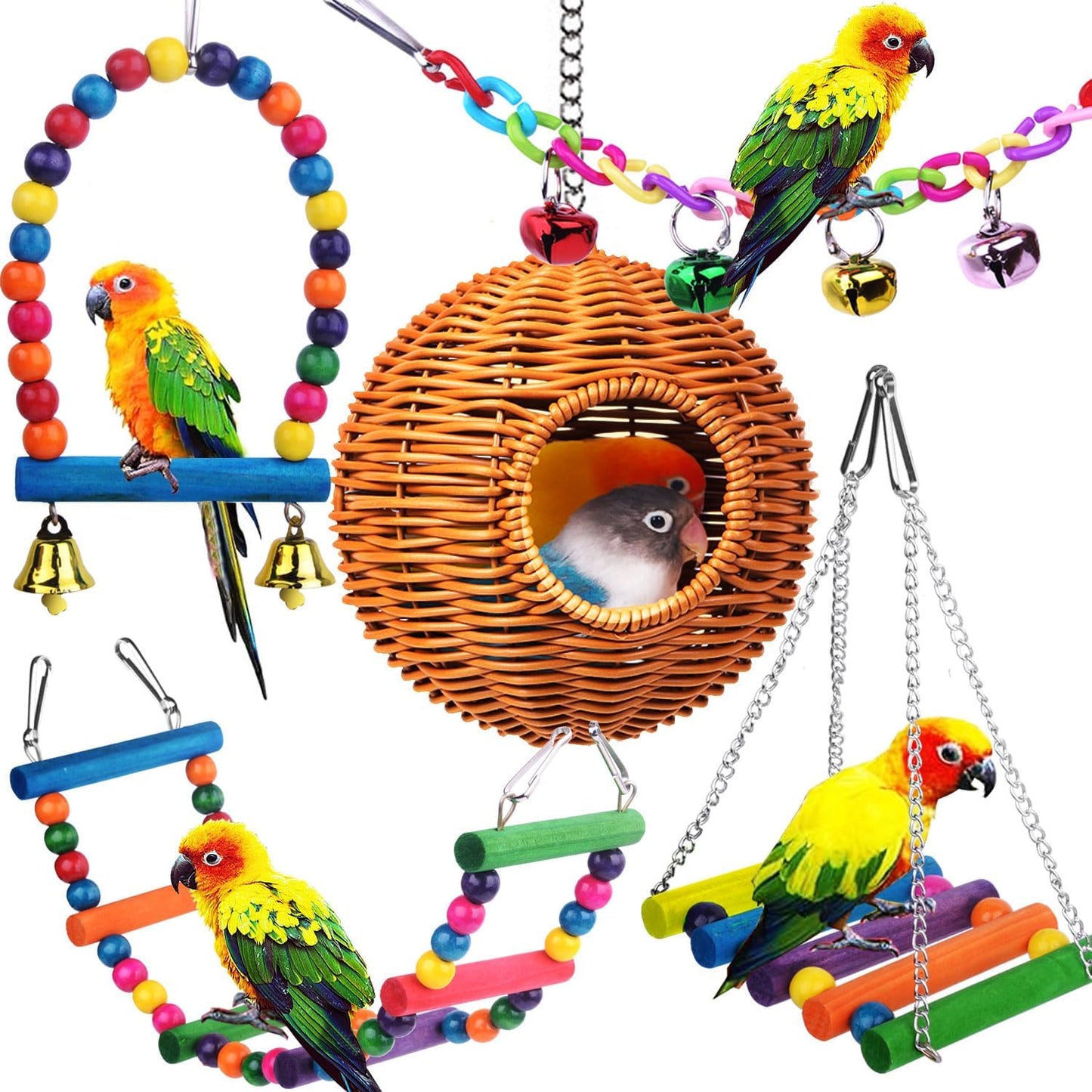 Chewproof Steel Frame Bird Nest for Cage, with 4 Swing Hanging Standing Chewing Toy Hammock Climbing Ladder,Washable Small Bird Bed Parakeet Nest Sleep for Parakeet Lovebird, Canary, Budgie, Finch