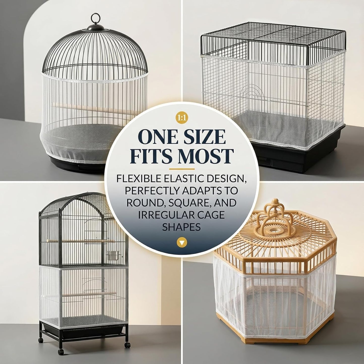 2 Pack Bird Cage Seed Catcher - Adjustable Bird Cage Skirt Cover with Breathable Mesh Netting, Universal Seed Catcher Net Cover Fit for Parrot Cage, Parakeet Cage, Large and Small Bird Cages | Black & White, Fits 55-100 in Circumference, 16 in High, Breathable Seed Guard for Parrot, Parakeet and Cockatiel Cages