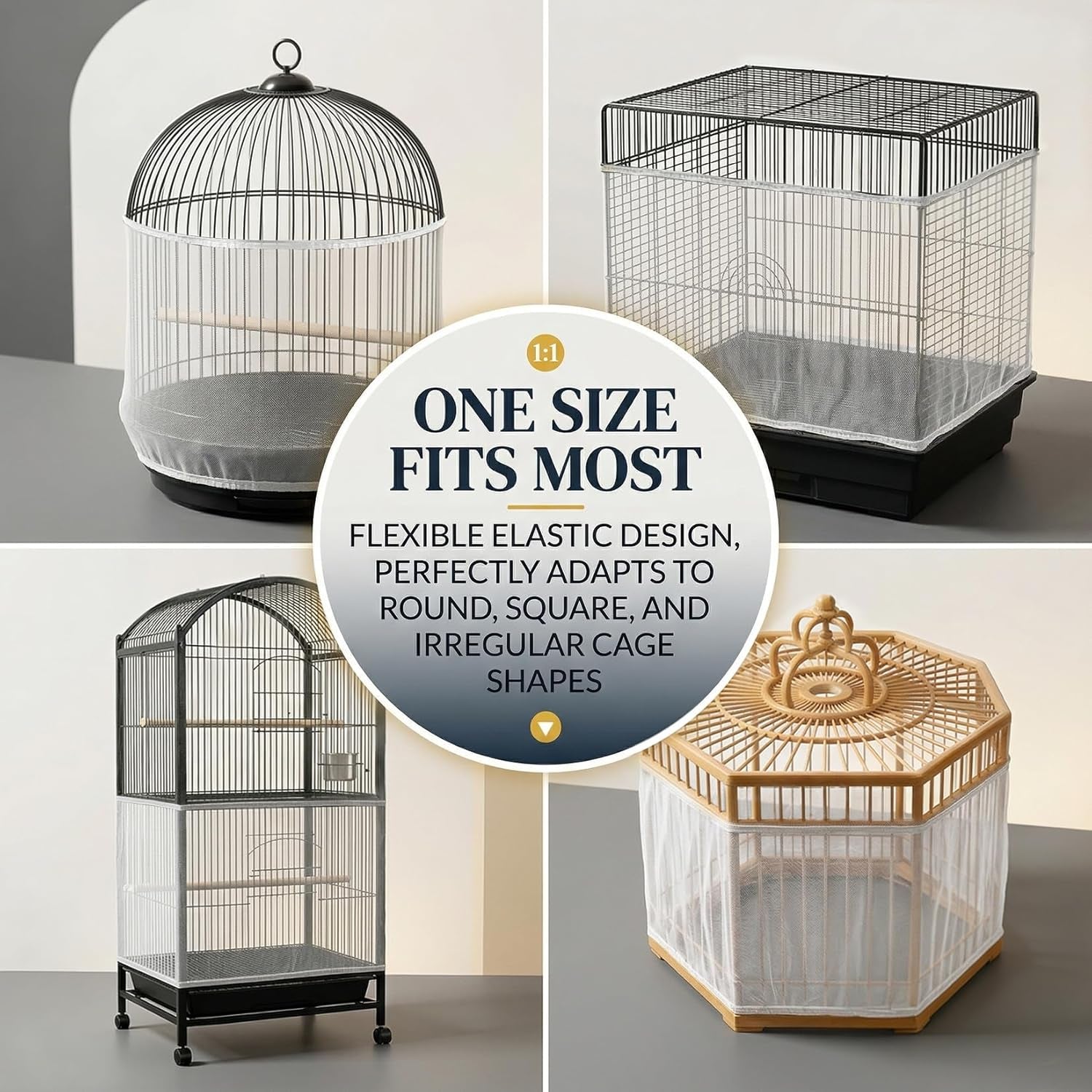 2 Pack Bird Cage Seed Catcher - Adjustable Bird Cage Skirt Cover with Breathable Mesh Netting, Universal Seed Catcher Net Cover Fit for Parrot Cage, Parakeet Cage, Large and Small Bird Cages | Black & White, Fits 55-100 in Circumference, 16 in High, Breathable Seed Guard for Parrot, Parakeet and Cockatiel Cages