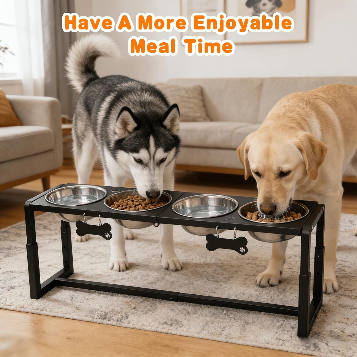 Metal Elevated Dog Bowls for Medium/Large Breed, 3 Adjustable Height(8.8"/11.5"/14") Raised Dog Bowls Stand with Four 58Oz Stainless Steel Bowls, for Neck & Joint Protection
