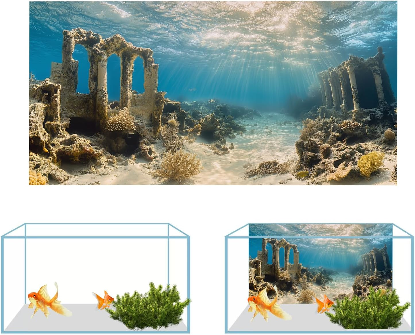 3 PCS Aquarium Background, 48X24 Inch Polyester Fish Tank Background | Cloth Fish Tank Background, Undersea Ruins Floor Sunshines & Tree Wood Branches Aquatic Plants