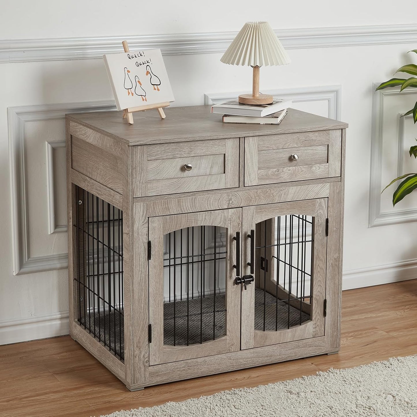 Dog Crate Furniture with Double Drawers, Wooden End Table Dog Kennel, Furniture Style Wood House Crate for Small/Medium/Large Dogs, Decorative Dog Crate with Storage for Large Breed, 32 Inch,Gray