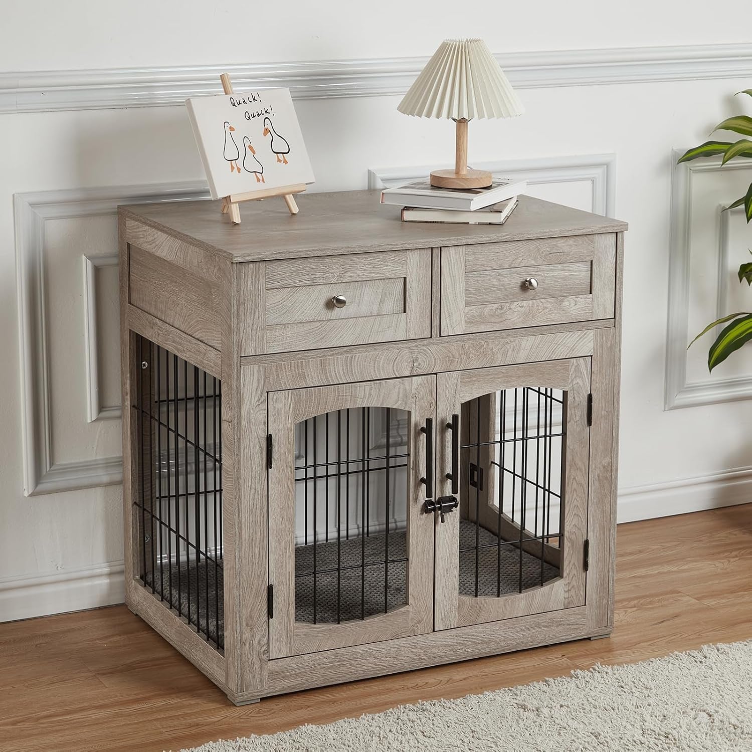 Dog Crate Furniture with Double Drawers, Wooden End Table Dog Kennel, Furniture Style Wood House Crate for Small/Medium/Large Dogs, Decorative Dog Crate with Storage for Large Breed, 32 Inch,Gray