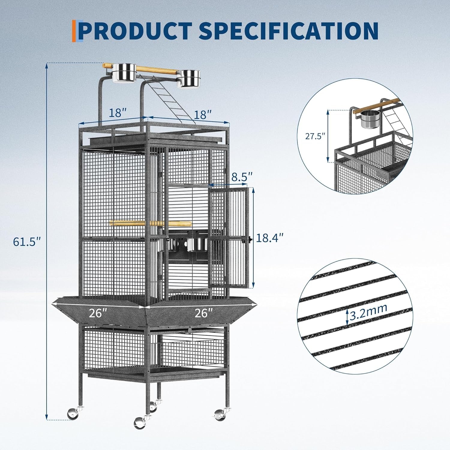 61In Large Bird Cage, Metal Bird Cage with Bird Playground, Rolling Parrot Cage with Feeding Accessories, Large Parakeet Cage for Parrots, Parakeets, Conures, Parrot, Black