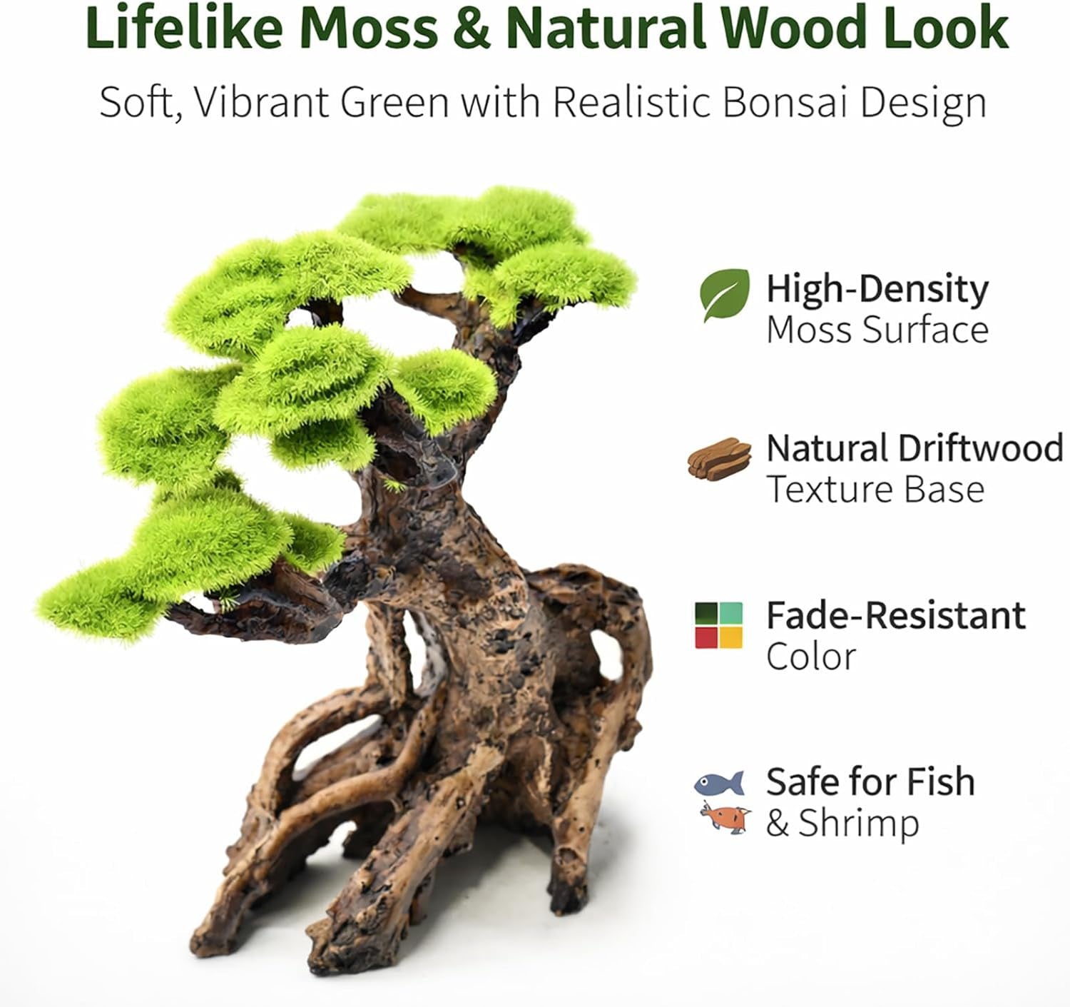 Fish Tank Decor Aquarium Bonsai Tree Resin Ornament with Faux Moss Aquascaping Decoration Artificial Landscape Centerpiece Safe & Fade-Resistant for Betta Shrimp Goldfish