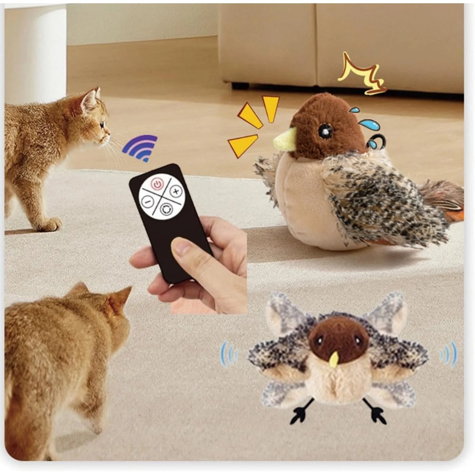Interactive Chirping Bird Cat Toy，Automatic Chirping Flying Bird Cat Toy,Flapping Bird Cat Toy with Feather Tail,Chirping Bird Cat Toy Flapping Wings with Melody Chaser