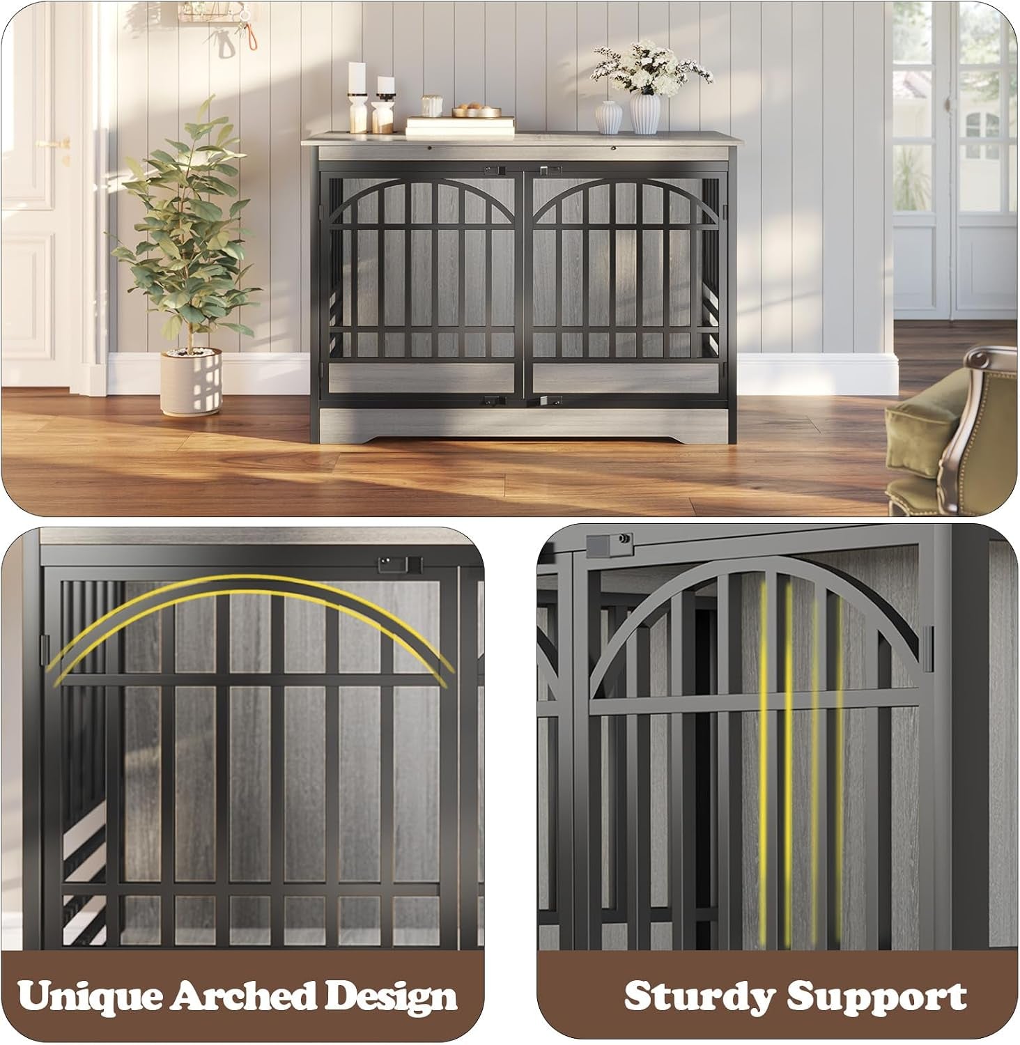 52" Dog Crate with Arched Doors, Grey | Extra-Large Kennel for XL Breeds, Double Elegant Arched Doors, TV Stand & End Table, Heavy-Duty Reinforced Frame