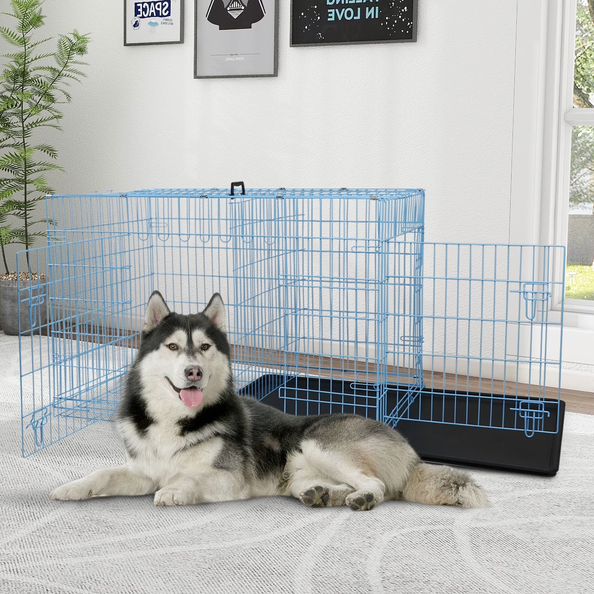 48 Inch Dog Crate, Dog Crates and Kennels Foldable Large Dog Crate for Large Dogs with Handle Double-Door Outdoor Metal Wire Dog Cage with Plastic Tray for Medium Dogs, Blue