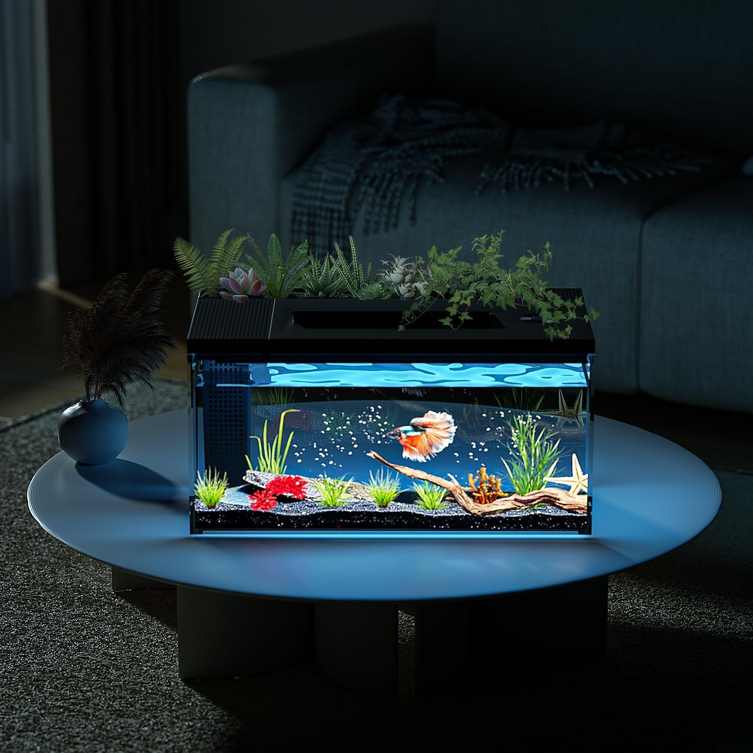 3.7 Gallon Betta Fish Tank Self Cleaning,Smart Aquarium Aquarium Kit with Filter Light Water Pump (Black)