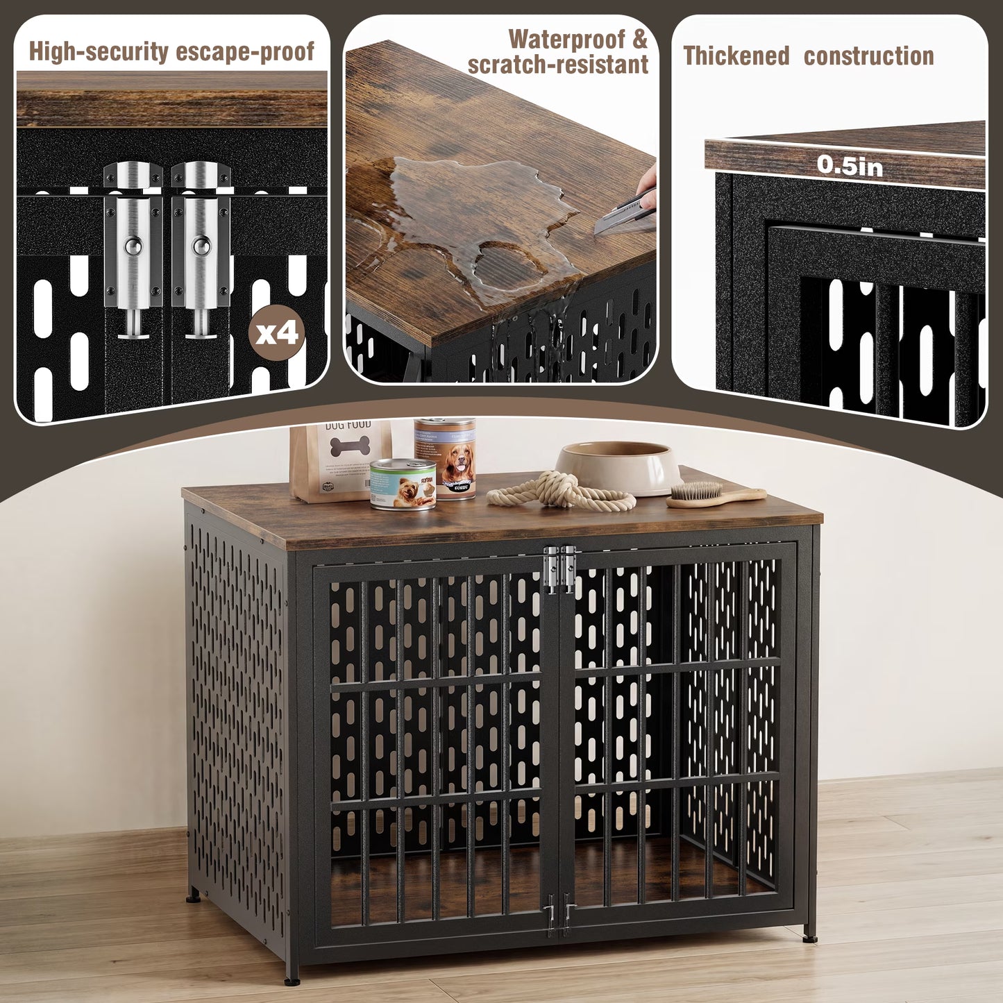 42" Dog Crate Furniture, Heavy-Duty Metal Dog House, Decorative Pet House That Doubles as an Indoor Side Table, Antique Black