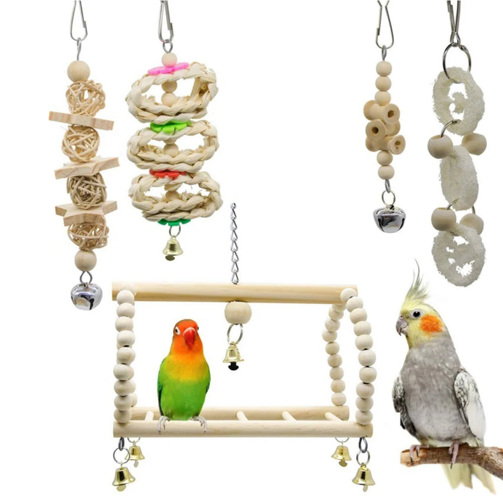 8PCS Chewing Standing Hanging Hammock Climbing Ladder Bird Cage Toys for Budgerigar, Parakeet and Other Small to Medium Birds