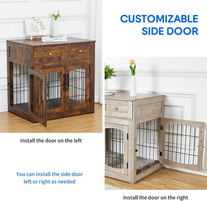 Dog Crate Furniture with Double Drawers, Wooden End Table Dog Kennel, Furniture Style Wood House Crate for Small/Medium/Large Dogs, Decorative Dog Crate with Storage for Large Breed, 32 Inch,Gray