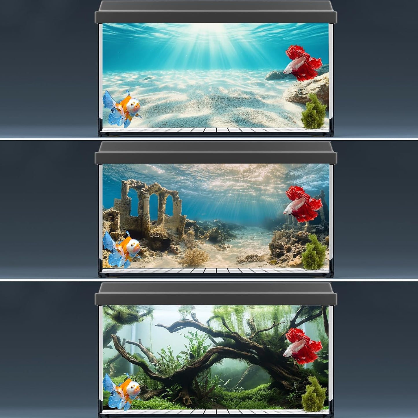 3 PCS Aquarium Background, 48X24 Inch Polyester Fish Tank Background | Cloth Fish Tank Background, Undersea Ruins Floor Sunshines & Tree Wood Branches Aquatic Plants