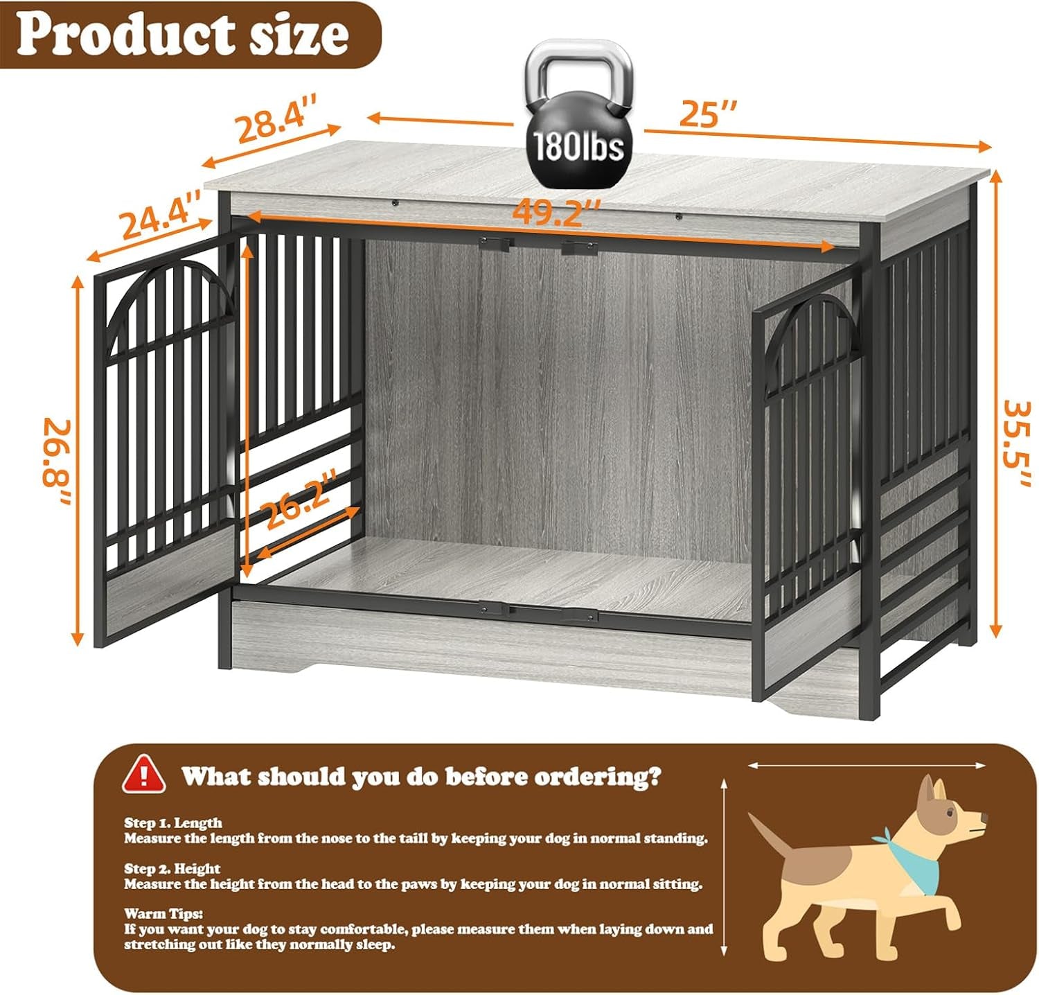 52" Dog Crate with Arched Doors, Grey | Extra-Large Kennel for XL Breeds, Double Elegant Arched Doors, TV Stand & End Table, Heavy-Duty Reinforced Frame