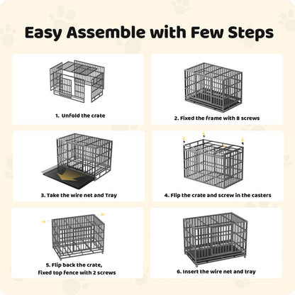54 Inch Heavy Duty Indestructible Dog Crate Steel Escape Proof Dog Cage Kennel for Medium Large Dogs Indoor Double Door High Anxiety Dog Crate with Wheels, Lock& Removable Tray, Black