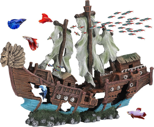 XXL Shipwreck Aquarium Large Decorations Ornament W/Sail (2 Pieces) 20 Gallons High and Larger Fish Tank, Sunken Ship Decoration Ornaments, Pirate Boat, Resin, Freshwater Saltwater Decor