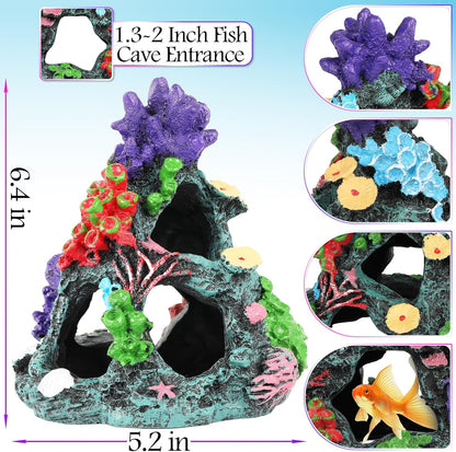Fish Tank Decorations, 7 Pieces Aquarium Plants Set with Coral Reef Decoration Mountain Cave Ornament for Betta, Goldfish, Shrimp to Breed, Play and Rest (Purple)