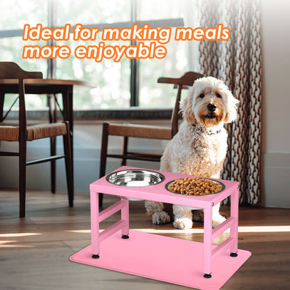 Pink Metal Raised Dog Bowl Stand for Large Dogs, Stronger Elevated Dog Bowls with Sprill Proof Mat, Dog Food & Water Bowls 10In Tall Dog Feeder (42Oz-Stainless Steel Dog Bowls, Mat-12X19 In)