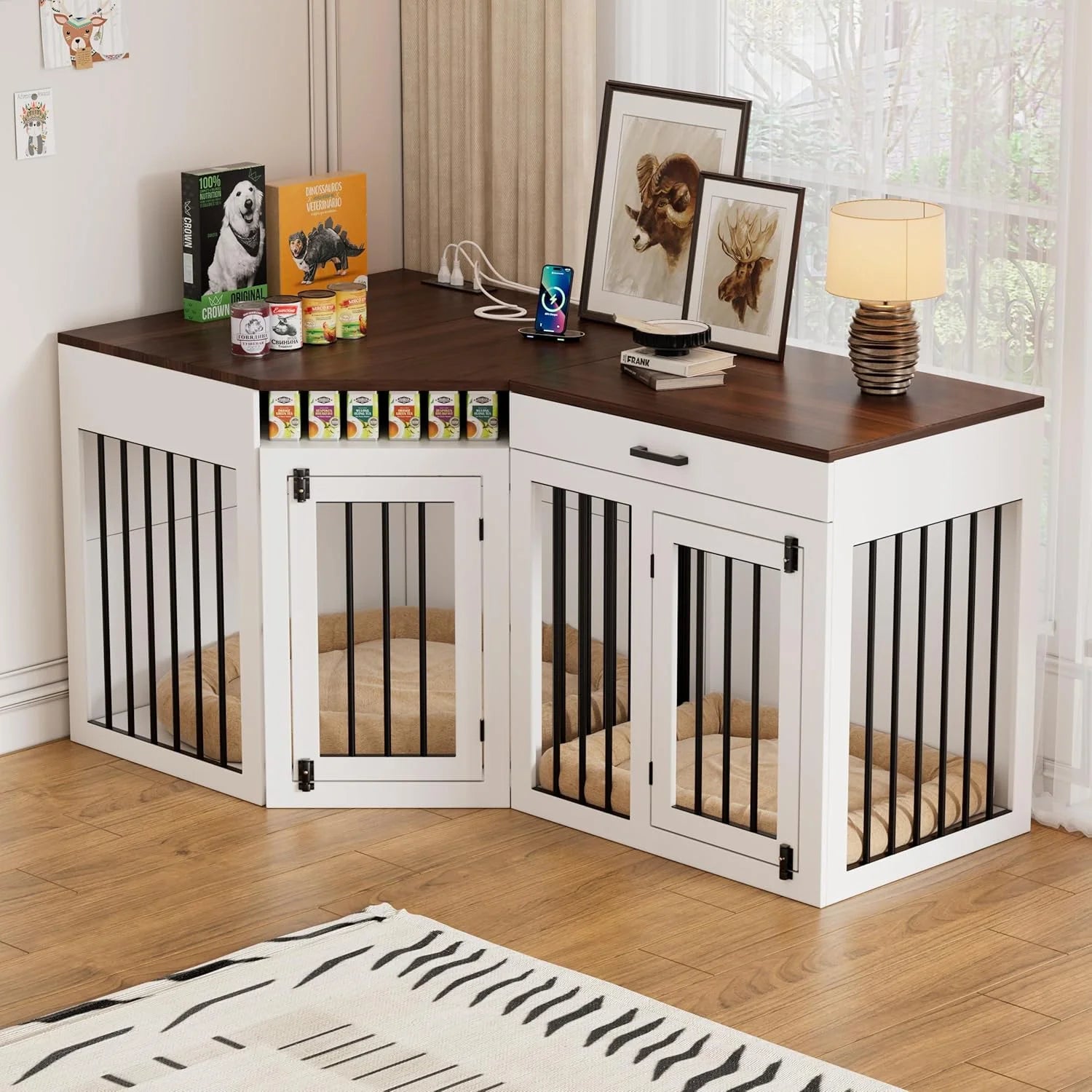 L-Shaped Corner Dog Crate Furniture Large Breed, 3 in 1 Corner Dog Crate Furniture, Wooden Dog Crate Kennel with 2Drawers,Divider,Power Outlet for Small,Medium,Large Dogs
