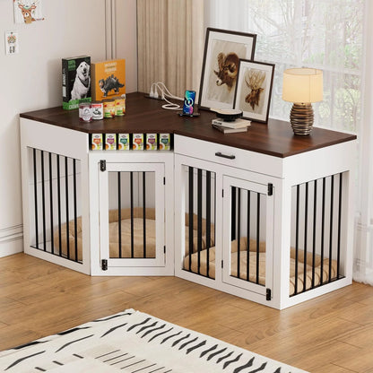 L-Shaped Corner Dog Crate Furniture Large Breed, 3 in 1 Corner Dog Crate Furniture, Wooden Dog Crate Kennel with 2Drawers,Divider,Power Outlet for Small,Medium,Large Dogs
