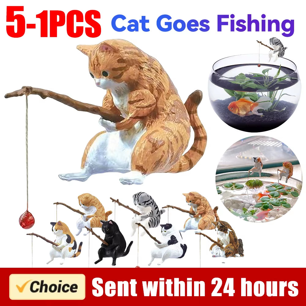 1-5PCS Fishing Cat Aquariums Decorations Fishtanks Hangable Decors Landscape Aquaticpet Fishtank Ornament Desktop Accessories