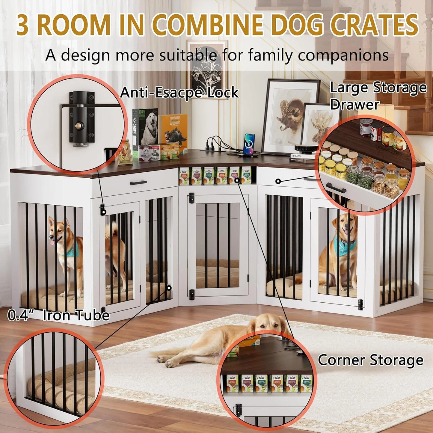 L-Shaped Corner Dog Crate Furniture Large Breed, 3 in 1 Corner Dog Crate Furniture, Wooden Dog Crate Kennel with 2Drawers,Divider,Power Outlet for Small,Medium,Large Dogs
