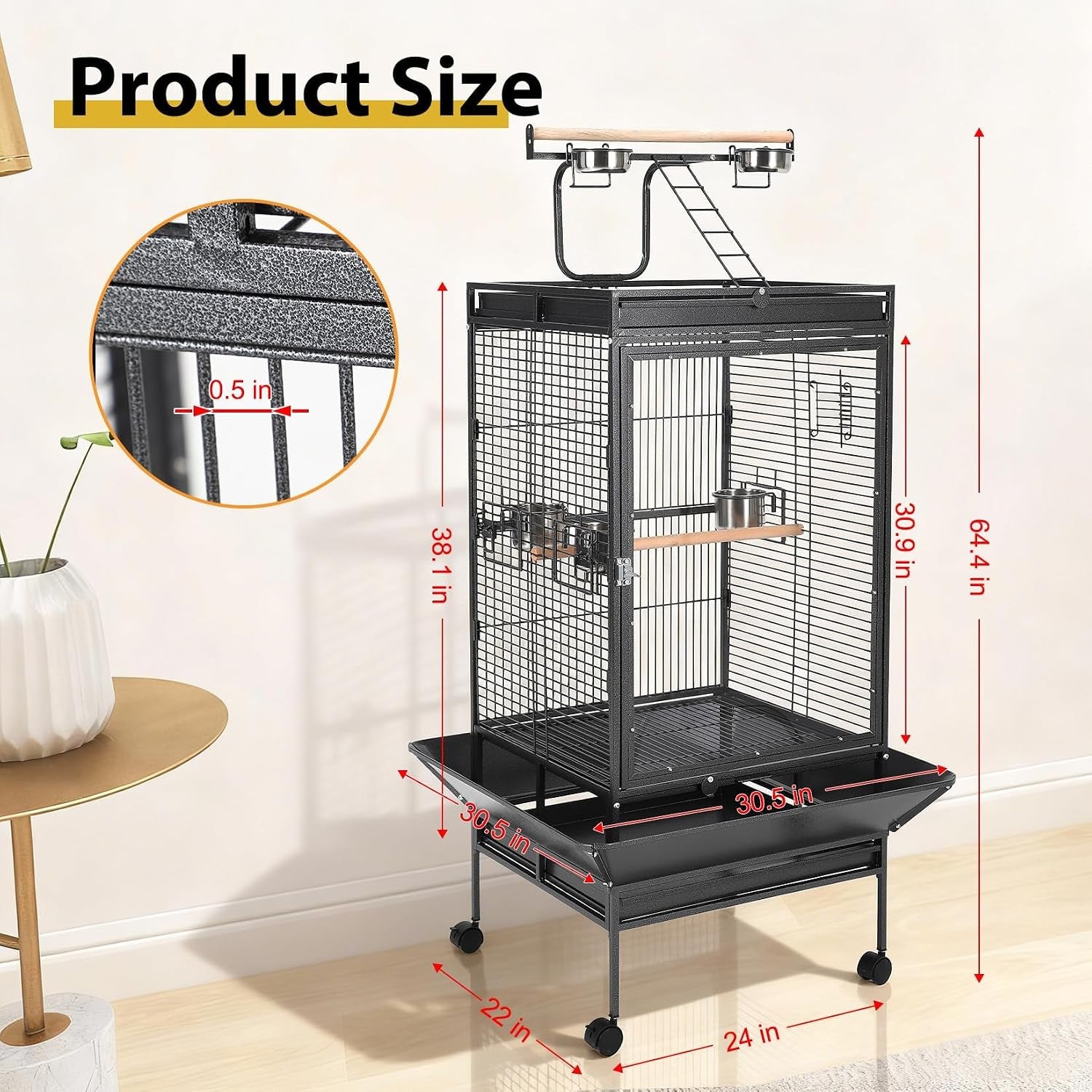 64.4” Large Parrot Cage for Birds, Heavy Duty Metal Aviary with Acrylic Door, Stainless Steel Bowls, 360° Wheels & Play Top for Cockatoos, African Greys (Black)