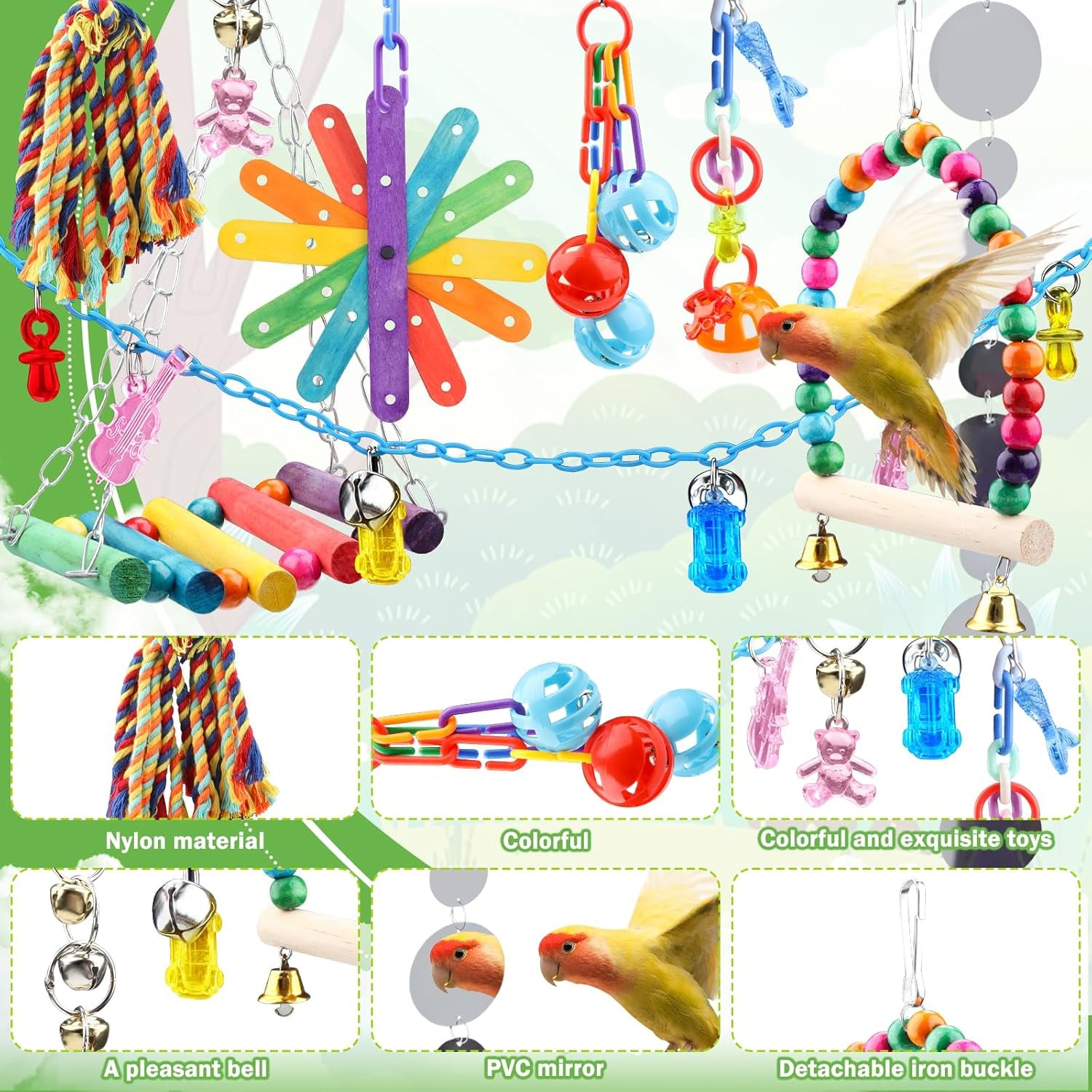9 Pcs Parakeet Cockatiel Bird Toys, Parrots Cage Accessories Swing Rope Hanging Wooden Perch Chewing Toy for Budgerigar, Parrot, Cockatiel