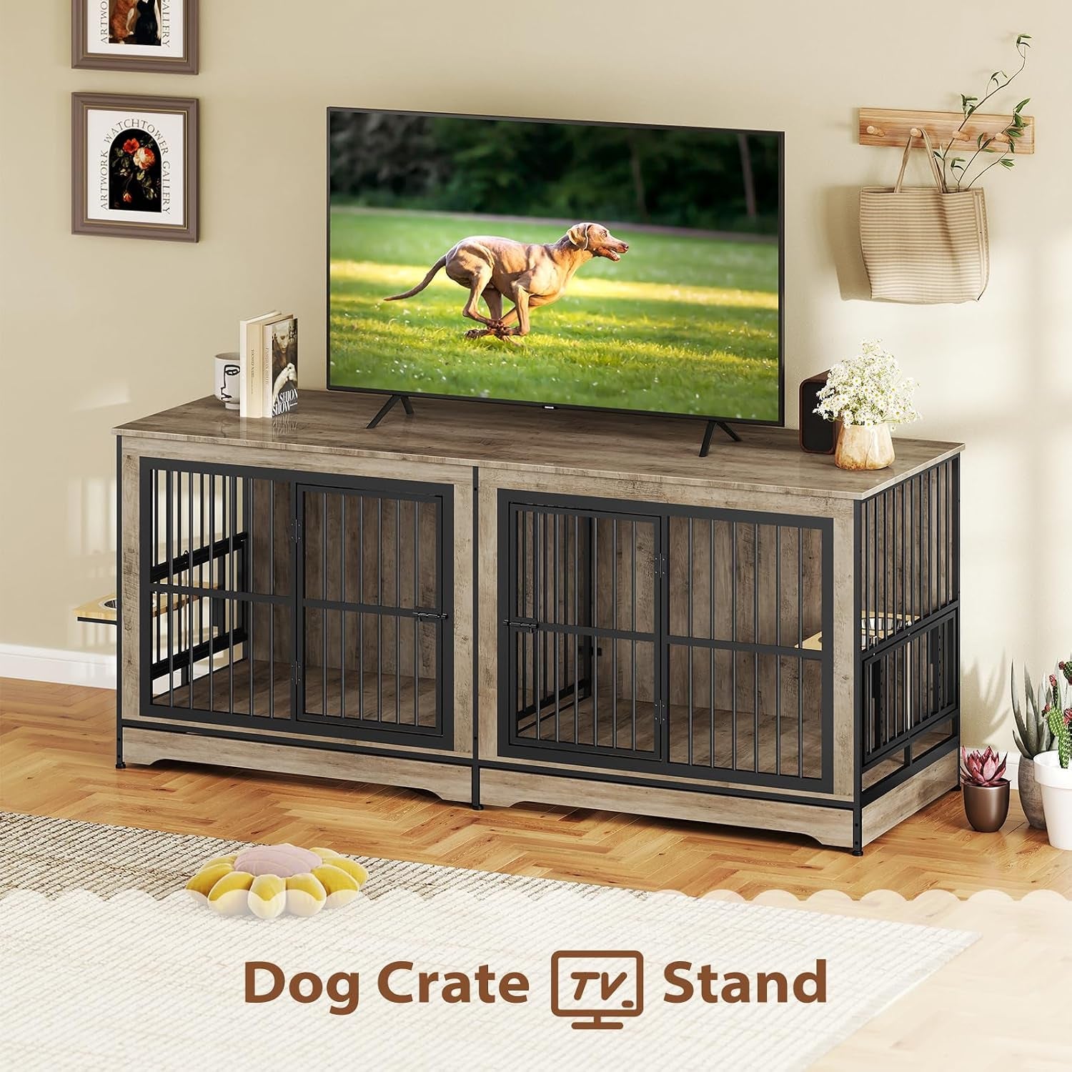 78 Double Dog Crate Furniture for 2 Large Dogs Indoor, Wooden Furniture Dog Crates with Dog Bowl, Dog Kennel Furniture TV Stand Large Breed Grey