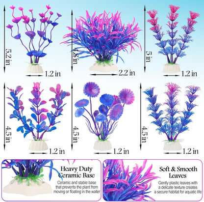 Fish Tank Decorations, 7 Pieces Aquarium Plants Set with Coral Reef Decoration Mountain Cave Ornament for Betta, Goldfish, Shrimp to Breed, Play and Rest (Purple)