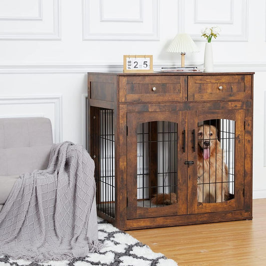 Dog Crate Furniture with Double Drawers, Wooden End Table Dog Kennel, Furniture Style Wood House Crate for Large Dogs, Decorative Dog Crate with Storage for Large Breed, 40 Inch Retro