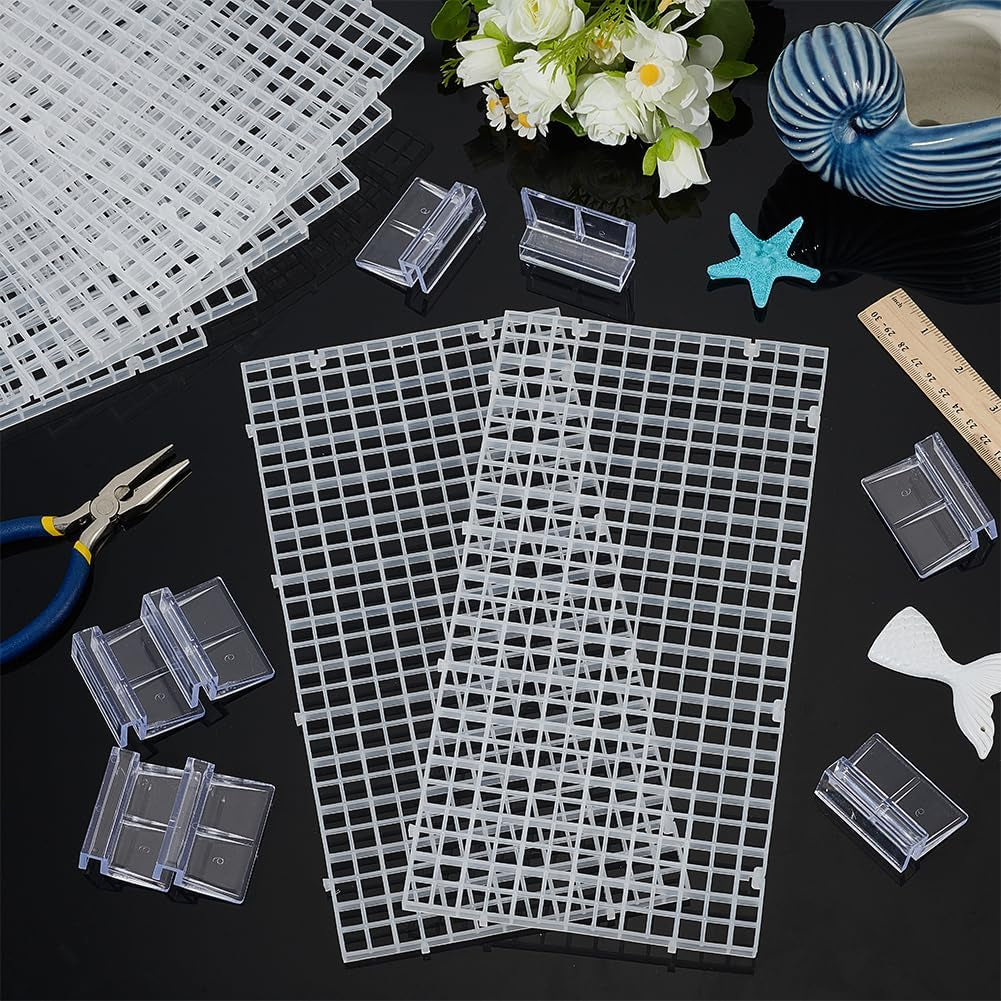 8 Pcs Clear Aquarium Lid Hood, 5.9X11.7X0.3 Inch Rectangular Fish Tank Top Cover, Plastic Grid Isolation Board with 8 Pcs Aquarium Plastic Cover Board Clips