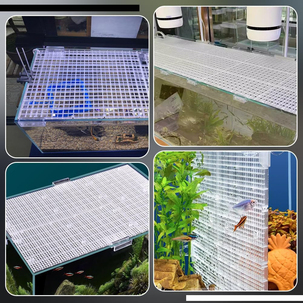 8 Pcs Clear Aquarium Lid Hood, 5.9X11.7X0.3 Inch Rectangular Fish Tank Top Cover, Plastic Grid Isolation Board with 8 Pcs Aquarium Plastic Cover Board Clips