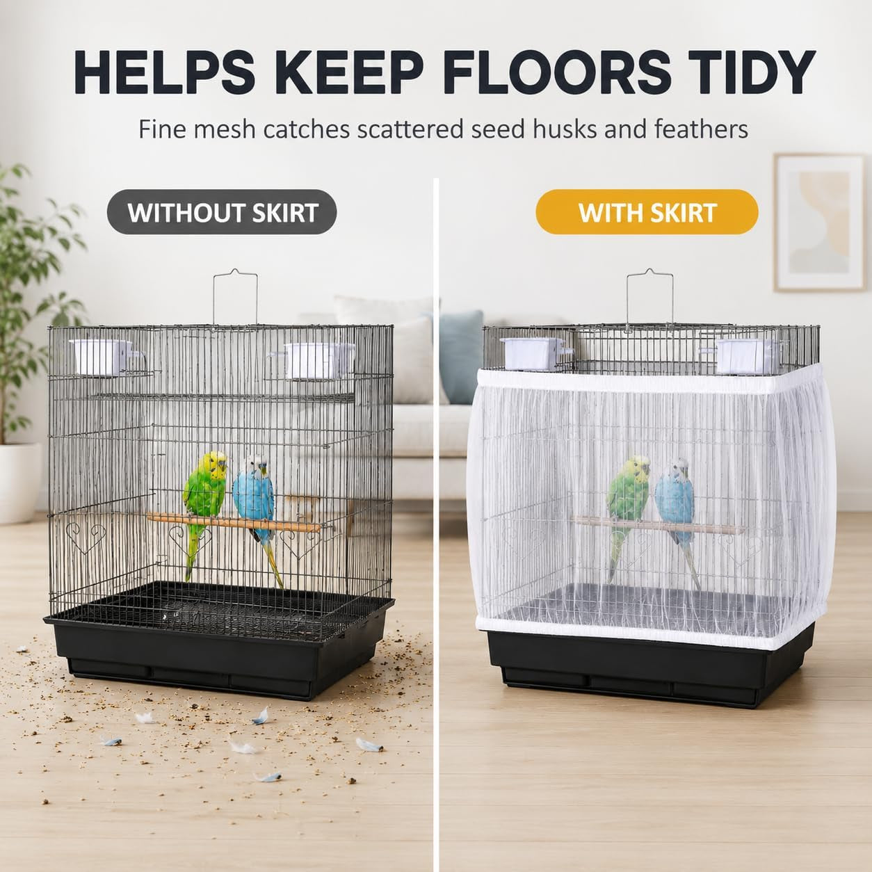 2 Pack Bird Cage Seed Catcher - Adjustable Bird Cage Skirt Cover with Breathable Mesh Netting, Universal Seed Catcher Net Cover Fit for Parrot Cage, Parakeet Cage, Large and Small Bird Cages | Black & White, Fits 55-100 in Circumference, 16 in High, Breathable Seed Guard for Parrot, Parakeet and Cockatiel Cages