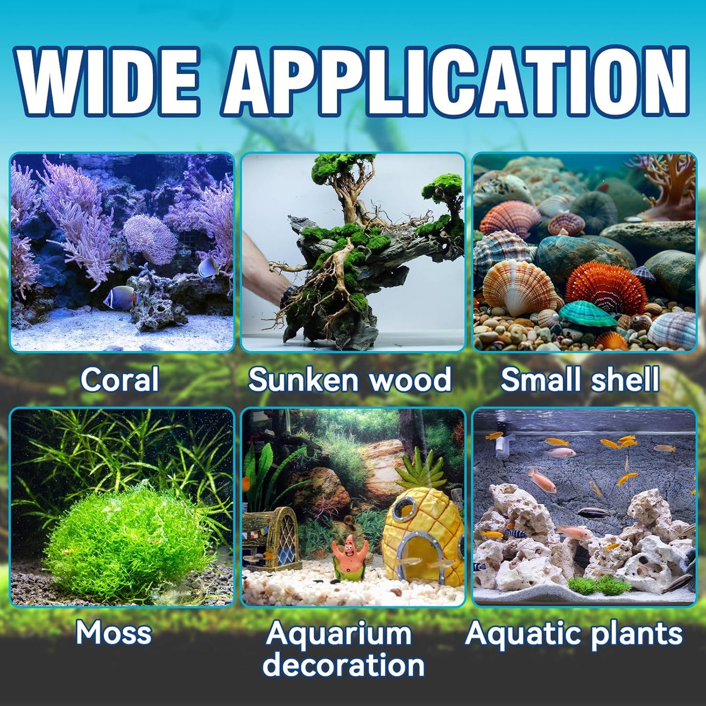 Aquarium Glue, Clear Reef Adhesive for Plants and Rocks, Moss, Coral, Stone, Wood, Plant, Suitable for Freshwater and Saltwater Aquascape, 5G*5Pcs