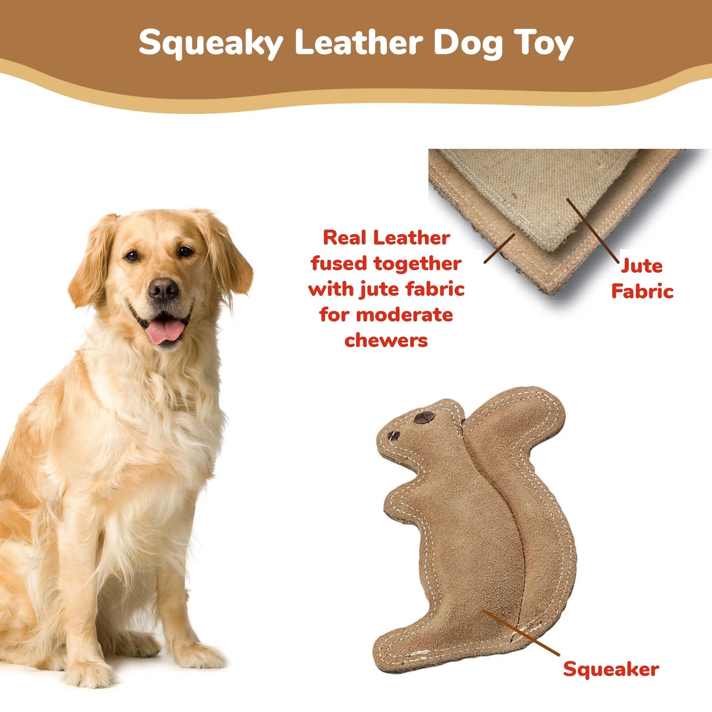 Dura-Fused Squirrel Dog Toy, Real Leather & Jute Fabric Toy for Moderate Chewers, Small & Medium Dogs, 8In
