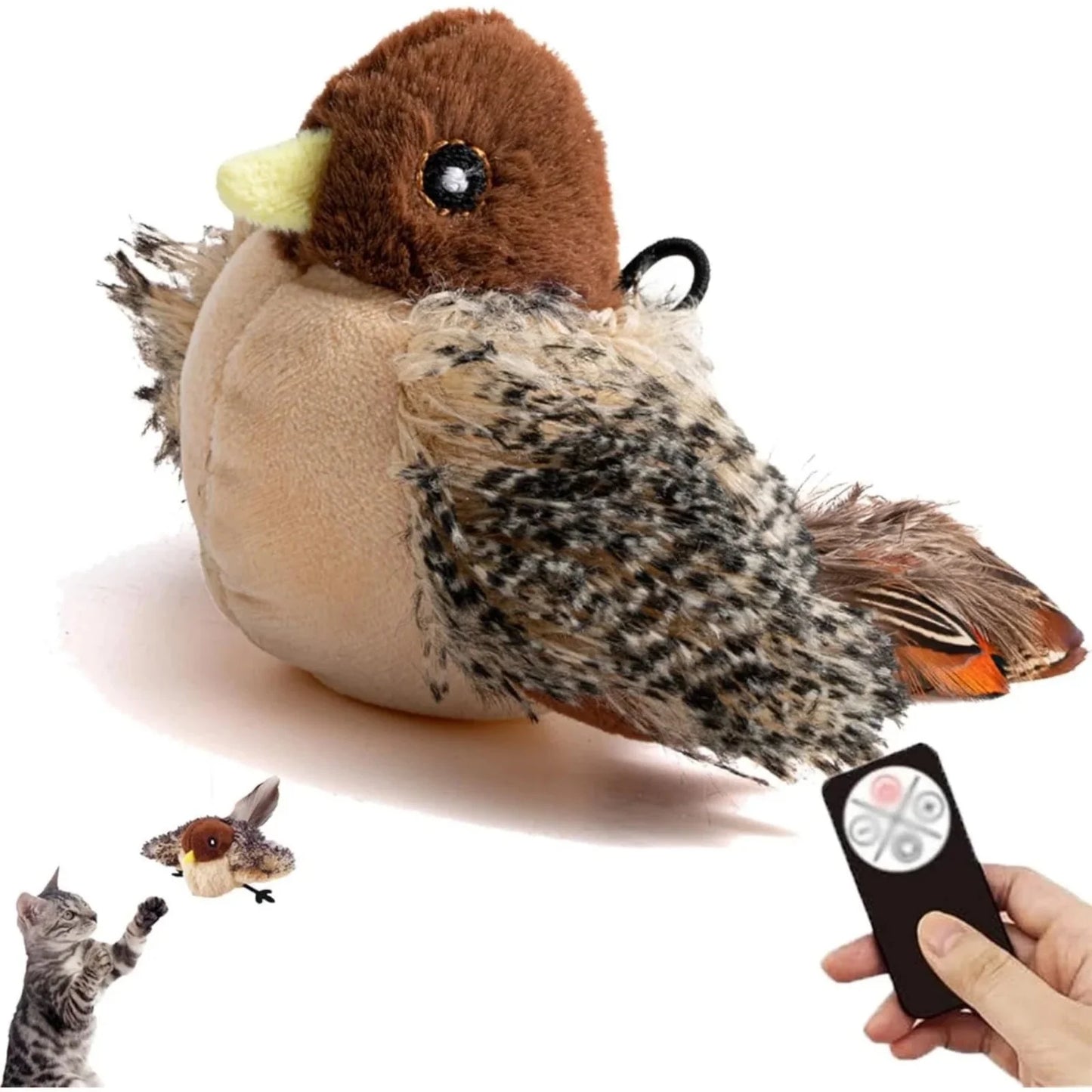 Interactive Chirping Bird Cat Toy，Automatic Chirping Flying Bird Cat Toy,Flapping Bird Cat Toy with Feather Tail,Chirping Bird Cat Toy Flapping Wings with Melody Chaser