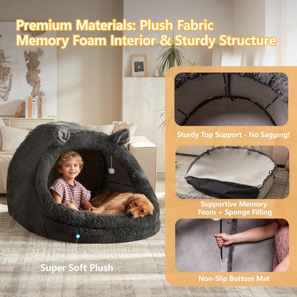 XXL Human Size Dog Bed 55"X43"X35" | Extra Large Human Size Pet Bed, Removable Pillow & Blanket Included, Machine Washable, Grey, for Adults & Pets
