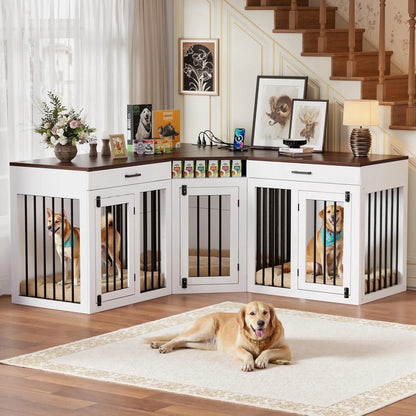 L-Shaped Corner Dog Crate Furniture Large Breed, 3 in 1 Corner Dog Crate Furniture, Wooden Dog Crate Kennel with 2Drawers,Divider,Power Outlet for Small,Medium,Large Dogs
