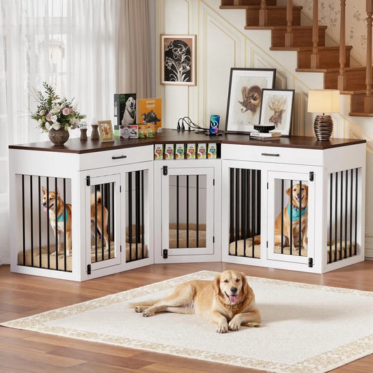 L-Shaped Corner Dog Crate Furniture Large Breed, 3 in 1 Corner Dog Crate Furniture, Wooden Dog Crate Kennel with 2Drawers,Divider,Power Outlet for Small,Medium,Large Dogs