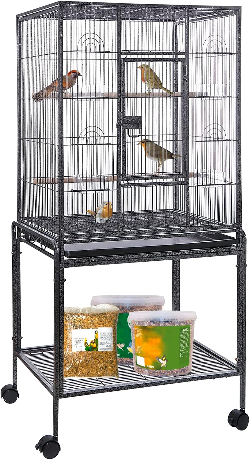 53 Inch Wrought Iron Large Bird Flight Cage with Rolling Stand | Bird Flight Cage Casters, Slide-Out Tray for African Grey Parrot Parakeets Canaries Parrot Cockatiels Lovebirds Conures