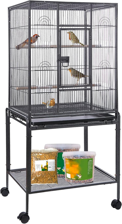 53 Inch Wrought Iron Large Bird Flight Cage with Rolling Stand | Bird Flight Cage Casters, Slide-Out Tray for African Grey Parrot Parakeets Canaries Parrot Cockatiels Lovebirds Conures