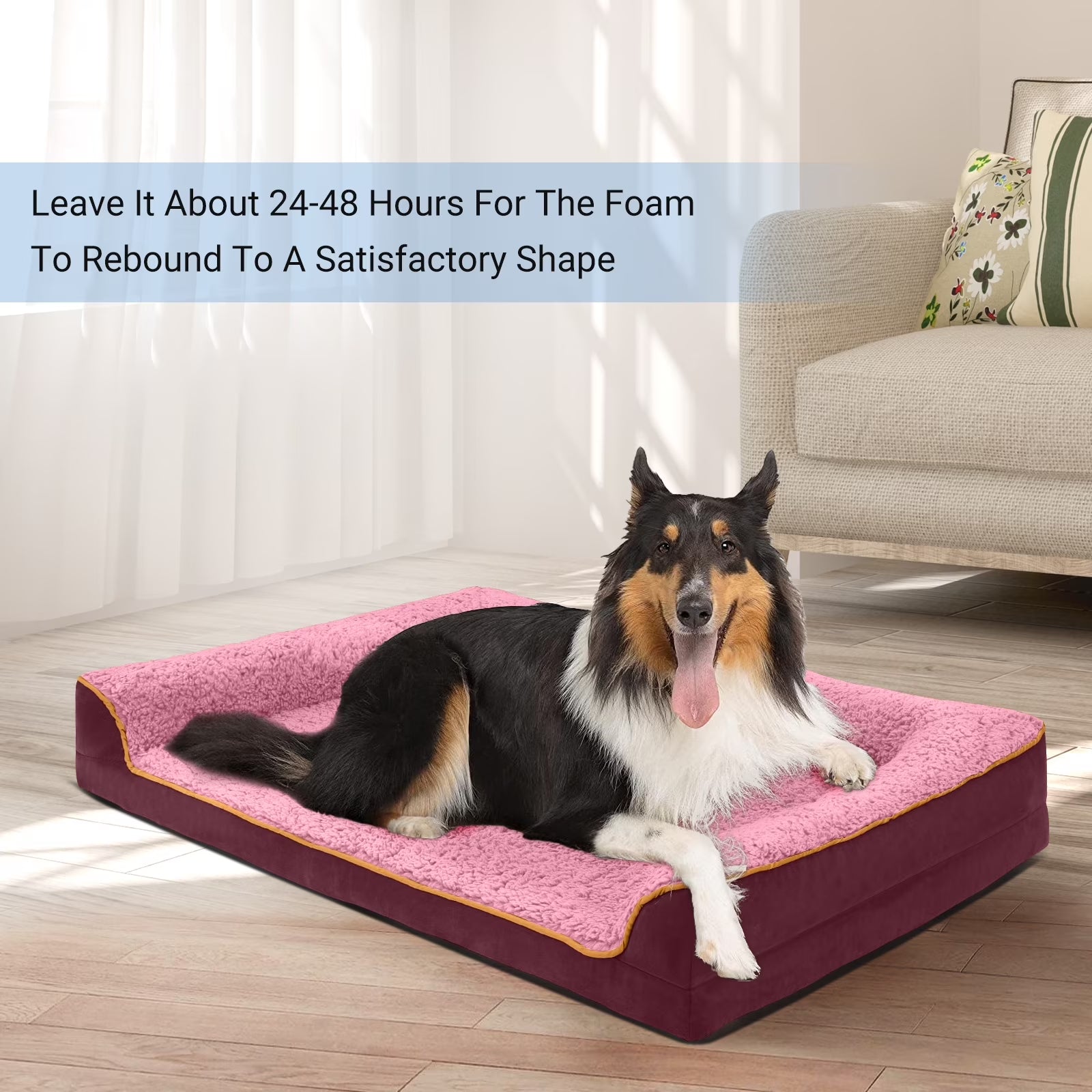 Dog Bed for Large Medium Small Dogs Orthopedic Dog Sofa Bed Non Slip Pet Couch with Removable Washable Cover Supportive Egg Crate Foam S to XL, Wine Red and Pink