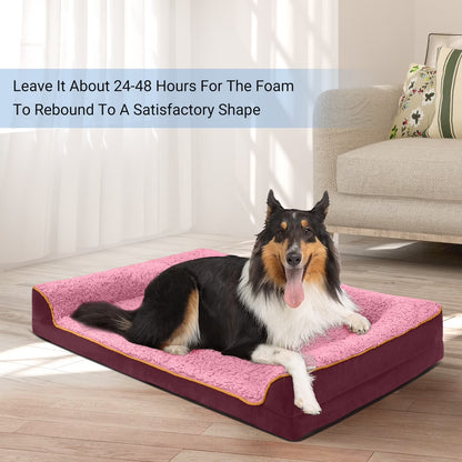 Dog Bed for Large Medium Small Dogs Orthopedic Dog Sofa Bed Non Slip Pet Couch with Removable Washable Cover Supportive Egg Crate Foam S to XL, Wine Red and Pink