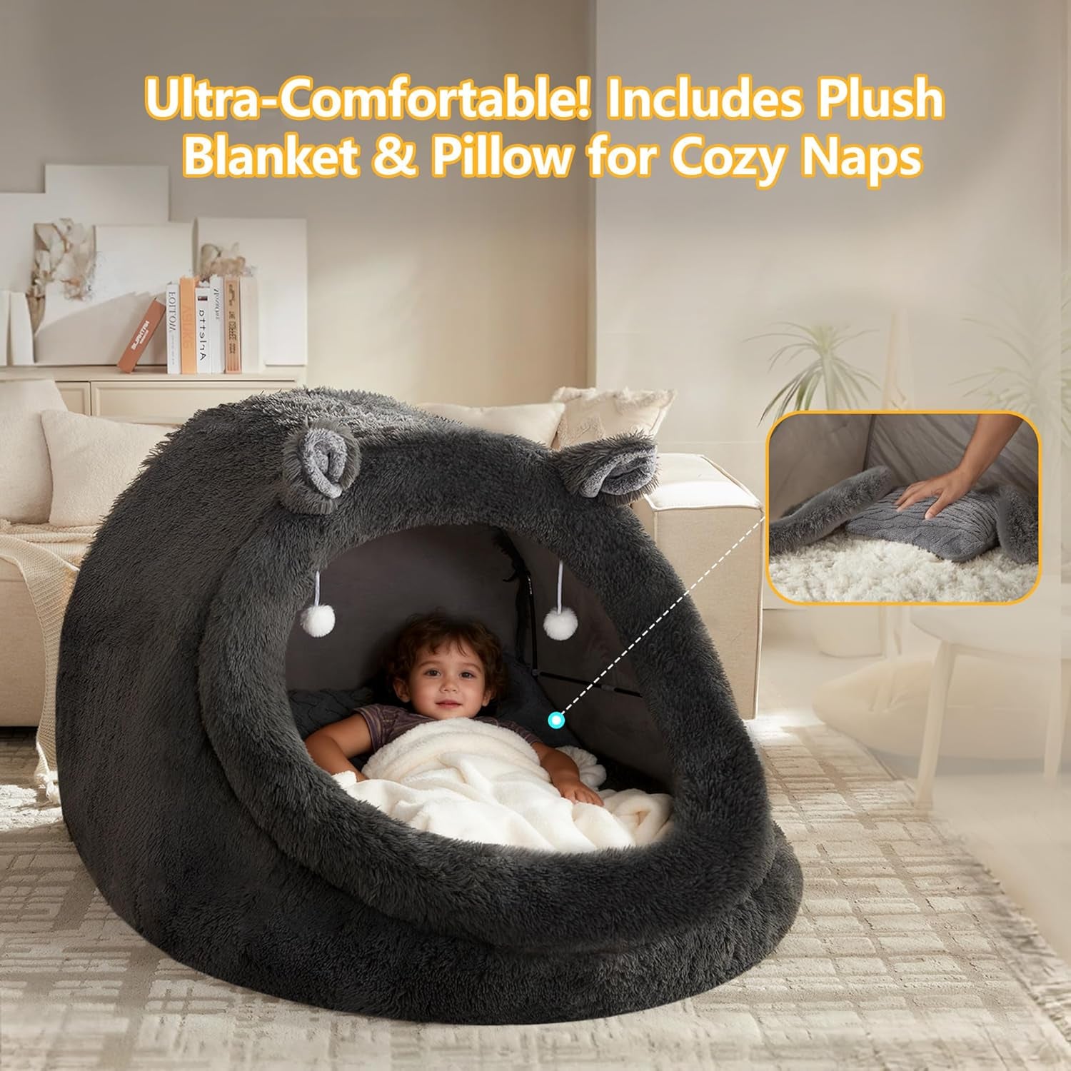 XXL Human Size Dog Bed 55"X43"X35" | Extra Large Human Size Pet Bed, Removable Pillow & Blanket Included, Machine Washable, Grey, for Adults & Pets
