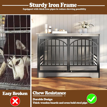52" Dog Crate with Arched Doors, Grey | Extra-Large Kennel for XL Breeds, Double Elegant Arched Doors, TV Stand & End Table, Heavy-Duty Reinforced Frame