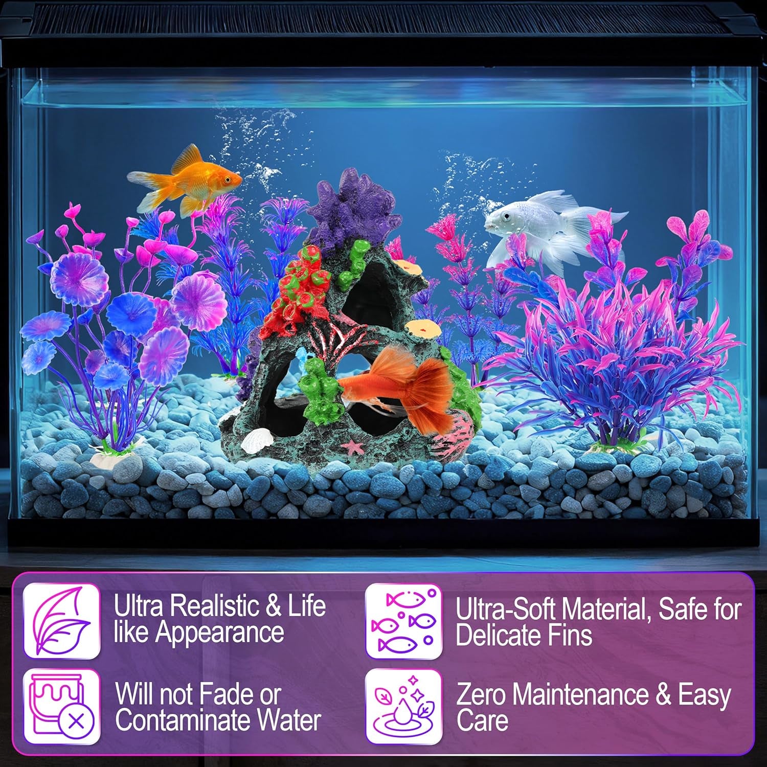 Fish Tank Decorations, 7 Pieces Aquarium Plants Set with Coral Reef Decoration Mountain Cave Ornament for Betta, Goldfish, Shrimp to Breed, Play and Rest (Purple)